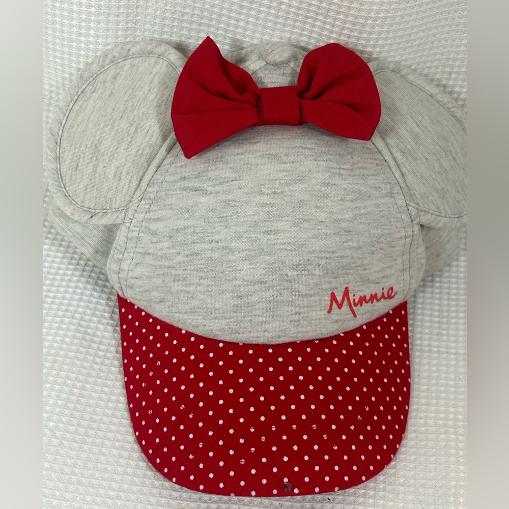 Disney Minnie, mouse baseball cap with ears, light, gray, and red polkadots